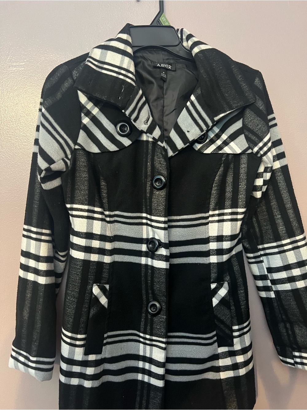 A. Byer Black & White Plaid Wool Pea Coat PreOwned Size M